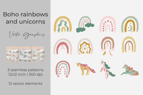 Boho Rainbows and Unicorns Digital Paper for Creative Projects